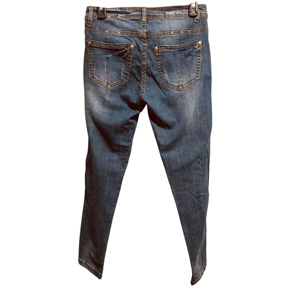 V Cristina Womens Embroidered Jeans Sz2 Midrise Slim Leg Stretch Boho Distressed - Picture 4 of 5